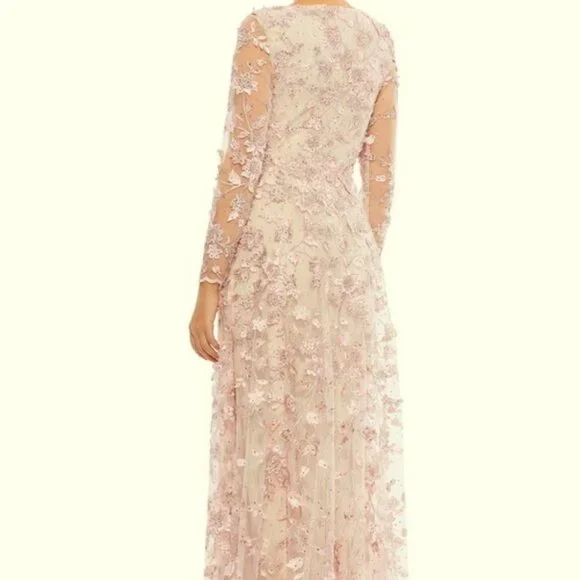 Mac Duggal Nude Rose Pink Floral Appliqué Long Sleeve Lace A-Line Gown